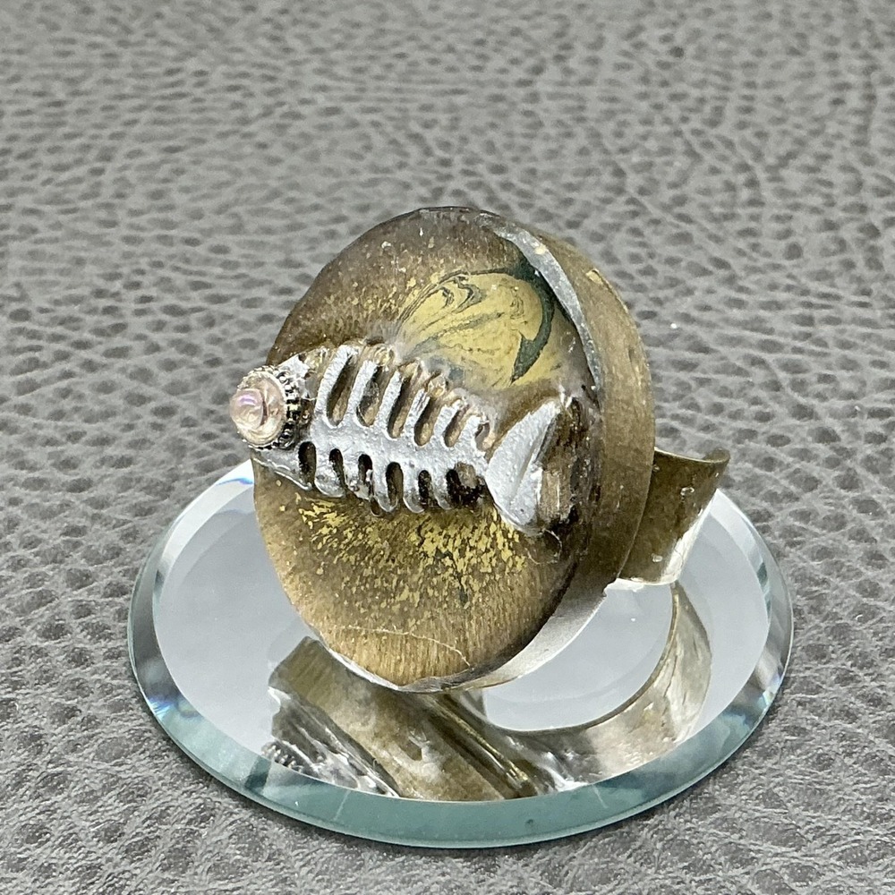 Ring Size 7 Gold Tone Pink Crystal Cocktail Boho Fish Bone Womens‎ Fashion